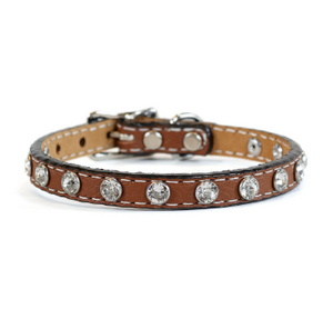 Tuscan Mini Leather Dog Collar in Brown - Crystallized