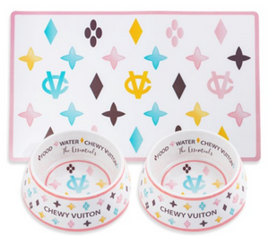 White Chewy Vuiton Bowls & Mat (Bundle) - Le Pet Luxe