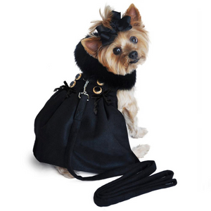 Designer Black Wool Blend Classic Dog Coat Harness and Black Fur Collar with Matching Leash