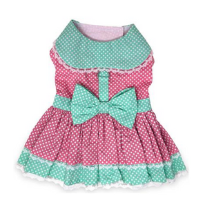 Polka Dot and Lace Dog Dress Set with Leash - Pink and Teal