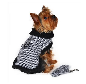 Sherpa Line Dog Harness Coat - Black and White Houndstooth with Matching Leash