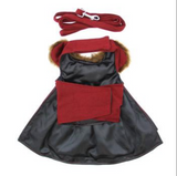 Designer Burgundy Wool Blend Classic Dog Coat Harness and Fur Collar with Matching Leash