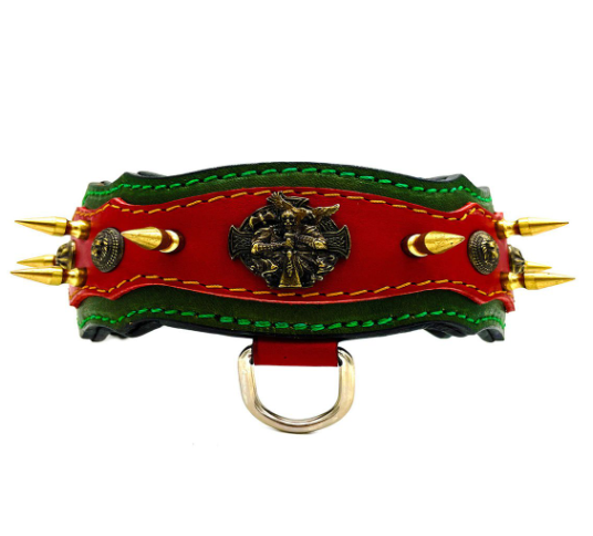 Athena Spiked Leather Dog Collar - Red-Dark Green